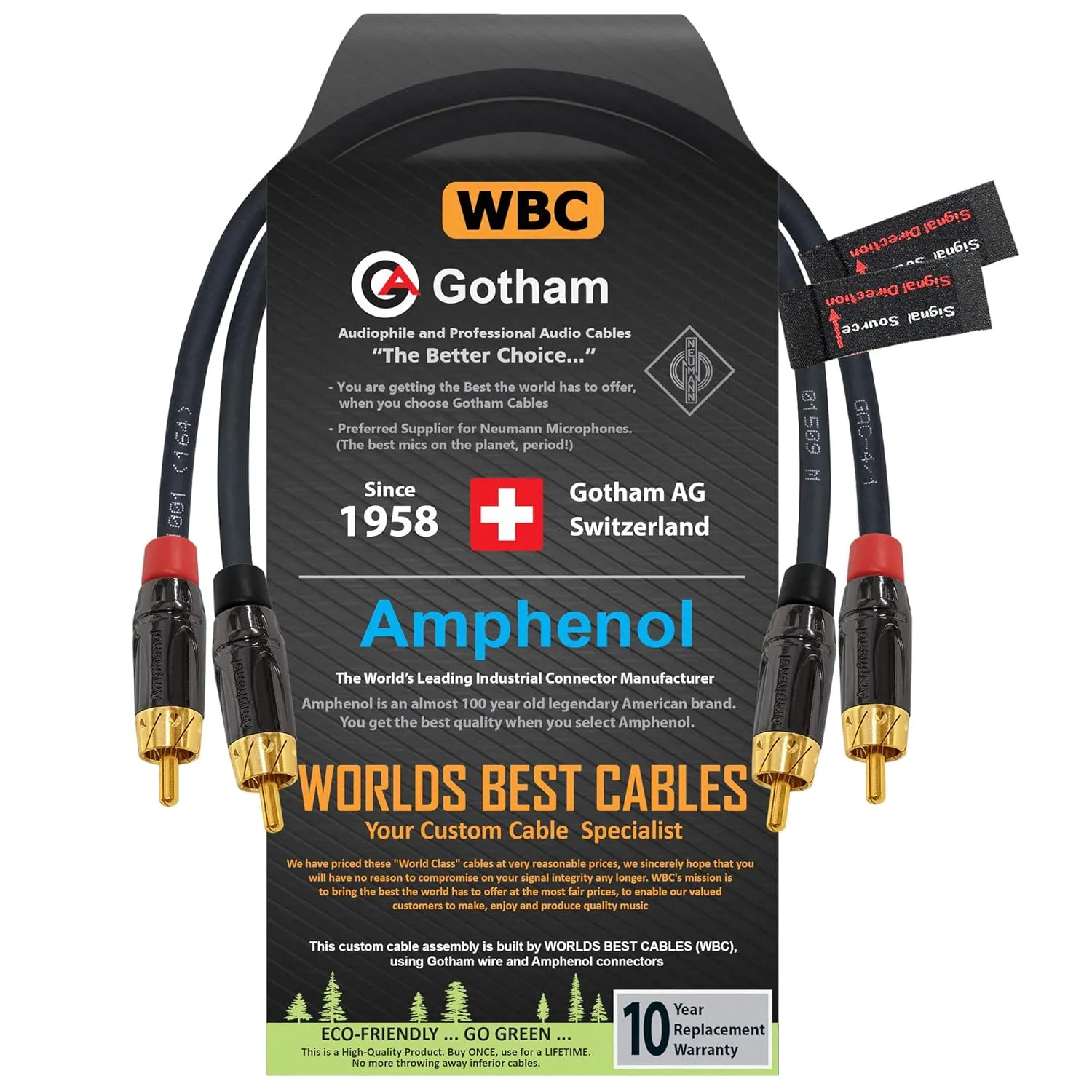 0.5 Foot RCA Cable Pair - Gotham GAC-4/1 (Black) Star-Quad Audio Interconnect Cable with Amphenol ACPL Black Chrome Body, Gold Plated RCA Connectors - Directional