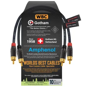 0.5 Foot RCA Cable Pair - Gotham GAC-4/1 (Black) Star-Quad Audio Interconnect Cable with Amphenol ACPL Black Chrome Body, Gold Plated RCA Connectors - Directional