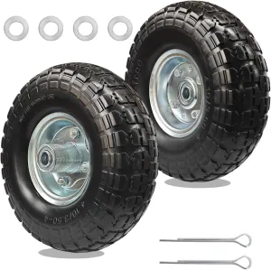 10" Solid Rubber Wheels & Rims - 4.10/3.50-4 Heavy Duty Flat-Free Tires, 5/8" Axle Bore, 220lb Load Capacity, 2.2" Offset Hub, All-Terrain for Carts, Hand Trucks, Trailers (2-Pack)