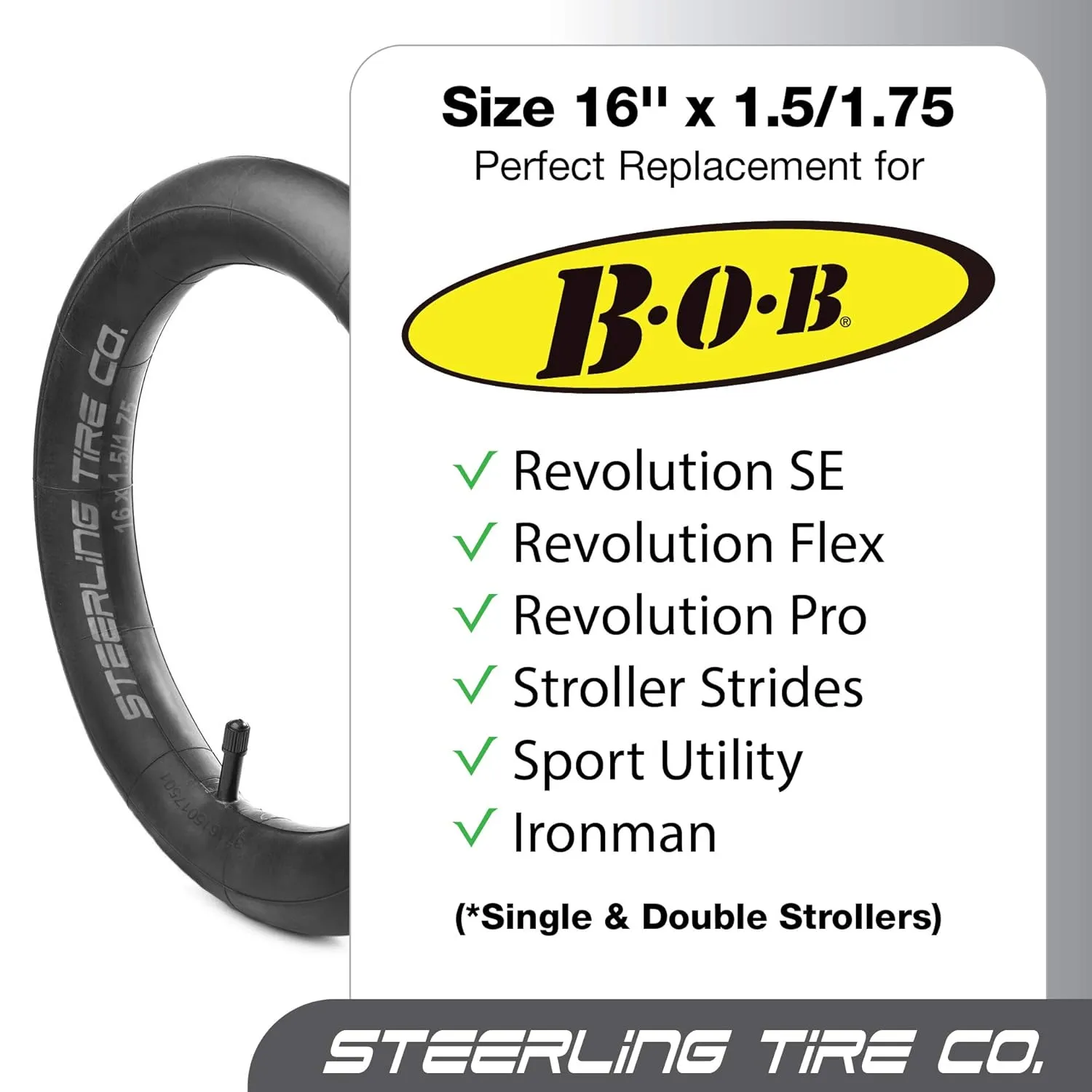 16 x 1.75 Stroller Tire HEAVY DUTY Thorn Resistant Inner Tube for All BOB Revolution Strollers, Sport Utility, Ironman & Alterrain [2-Pack] The Best BOB Stroller Tire Replacement by Steerling Tire Co.