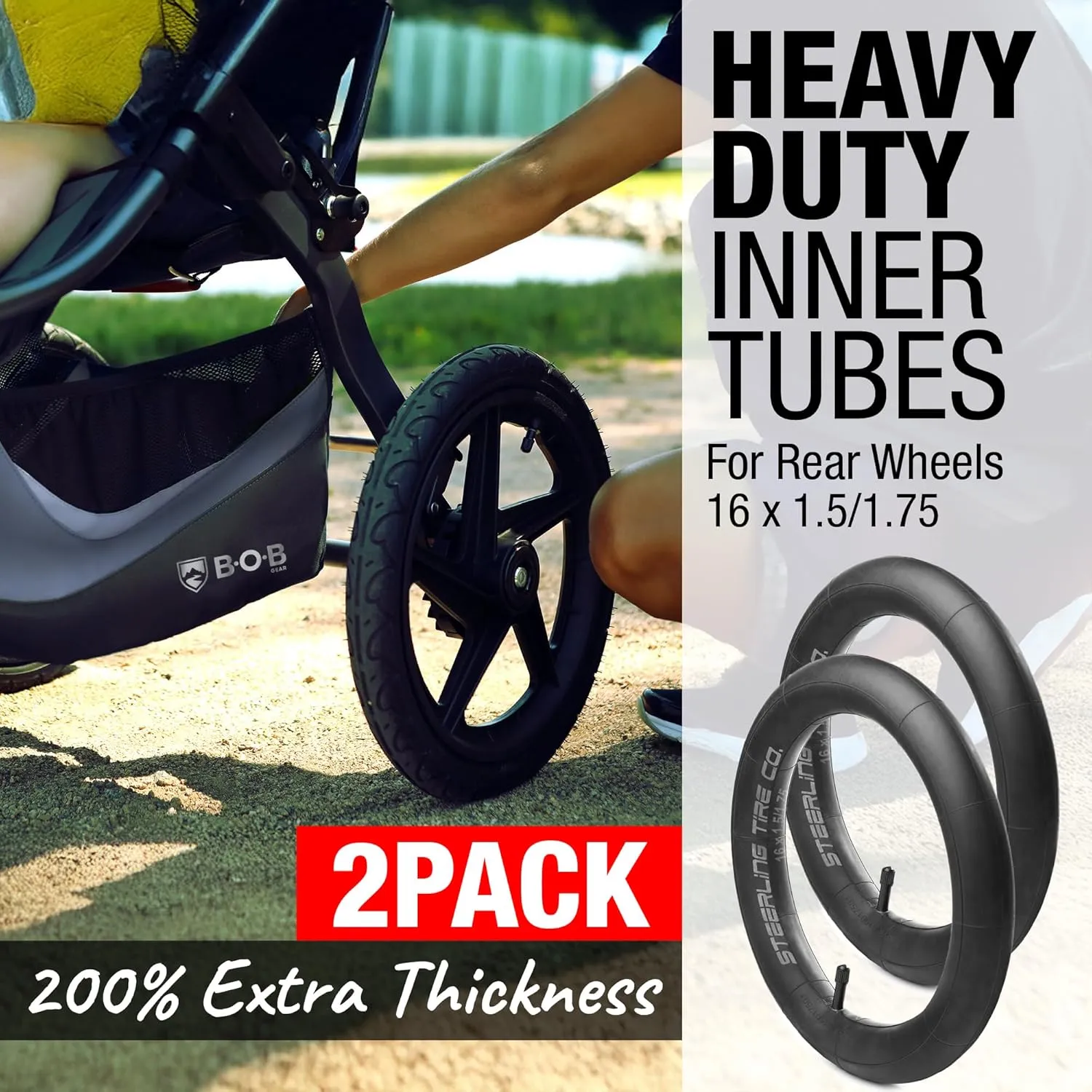 16 x 1.75 Stroller Tire HEAVY DUTY Thorn Resistant Inner Tube for All BOB Revolution Strollers, Sport Utility, Ironman & Alterrain [2-Pack] The Best BOB Stroller Tire Replacement by Steerling Tire Co.