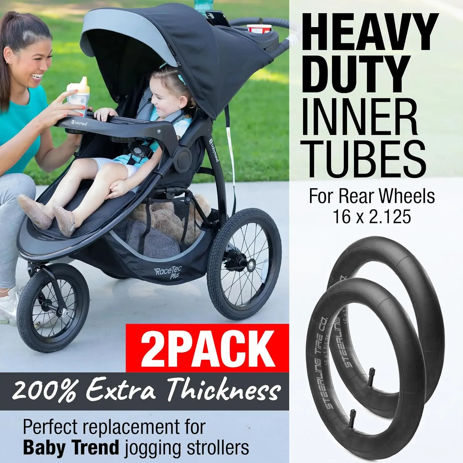 16 x 1.75/1.95/2.125 Heavy Duty Thorn Resistant Inner Tube Replacement for All Baby Trend Expedition Jogger Strollers and More! [2-Pack] Steerling Tire Co.