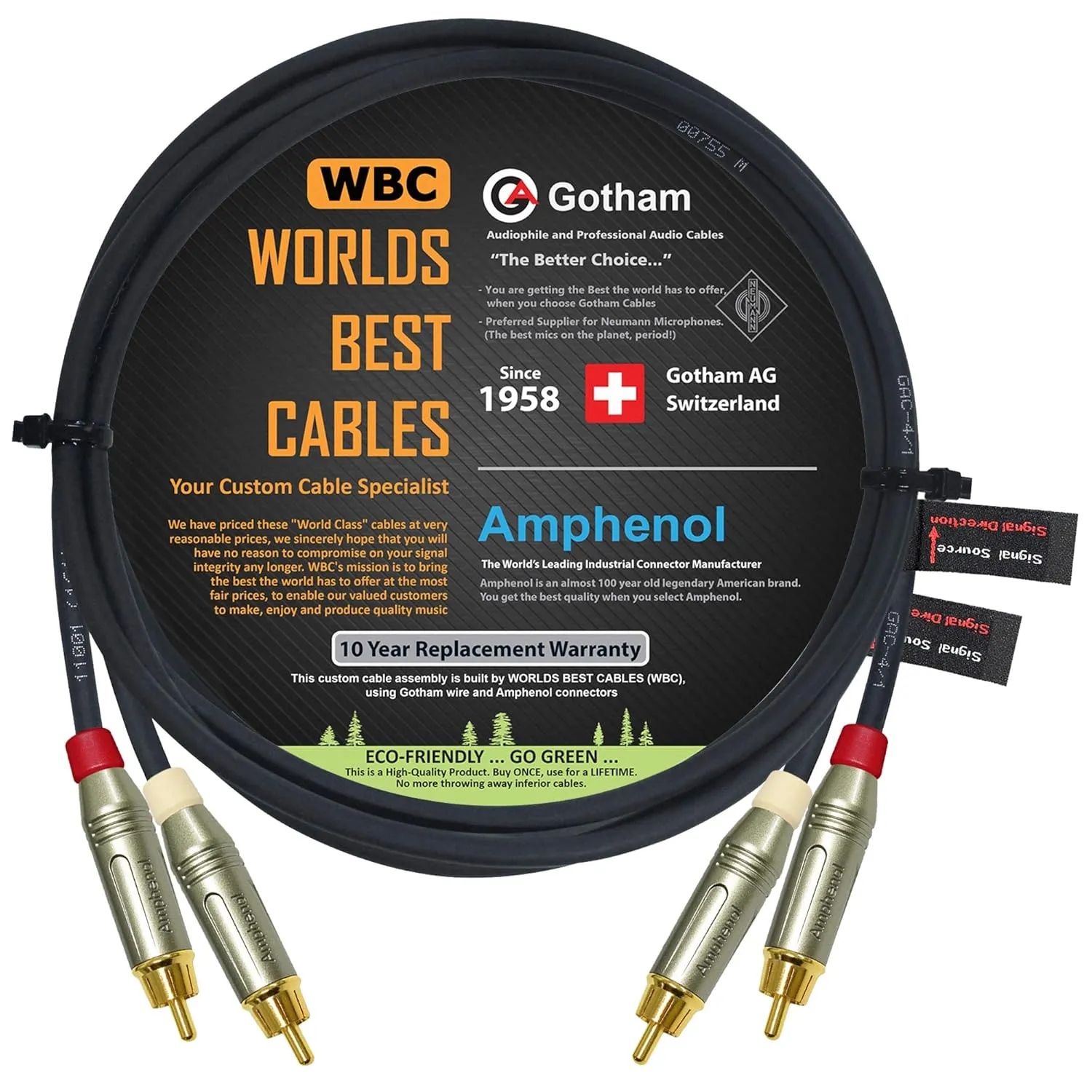 2 Foot RCA Cable Pair - Gotham GAC-4/1 (Black) Star-Quad Audio Interconnect Cable with Amphenol ACPR Die-Cast, Gold Plated RCA Connectors - Directional