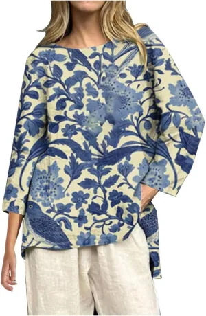 2025 Women's Summer Vintage Printed V-Neck 3/4 Sleeve Blouse | Loose Fit, Breathable & Trendy | 50  Prints for Casual Style