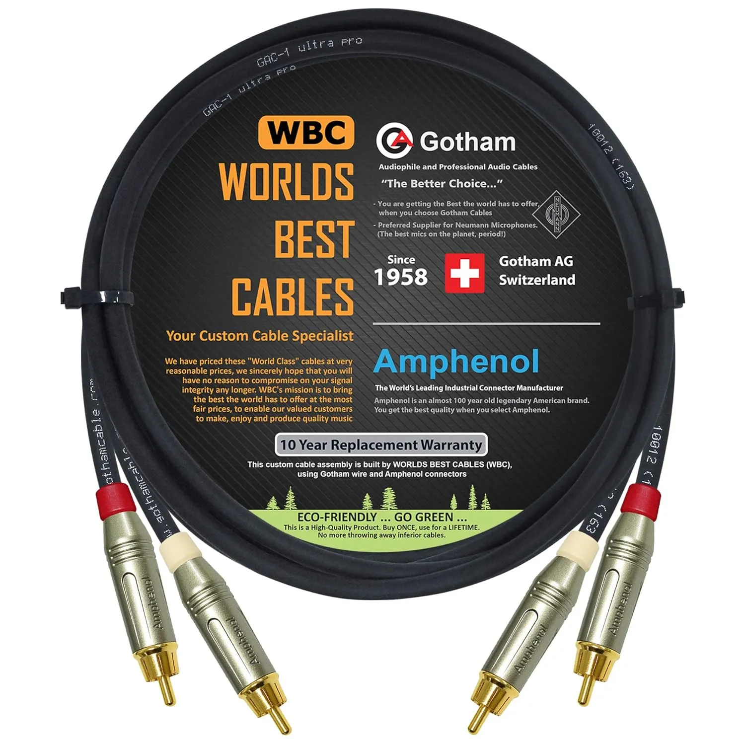3.5 Foot RCA Cable Pair - Gotham GAC-1 Ultra Pro - Low-Cap (21pF/ft) Audio Interconnect Cable with Amphenol ACPR Die-Cast, Gold Plated RCA Connectors