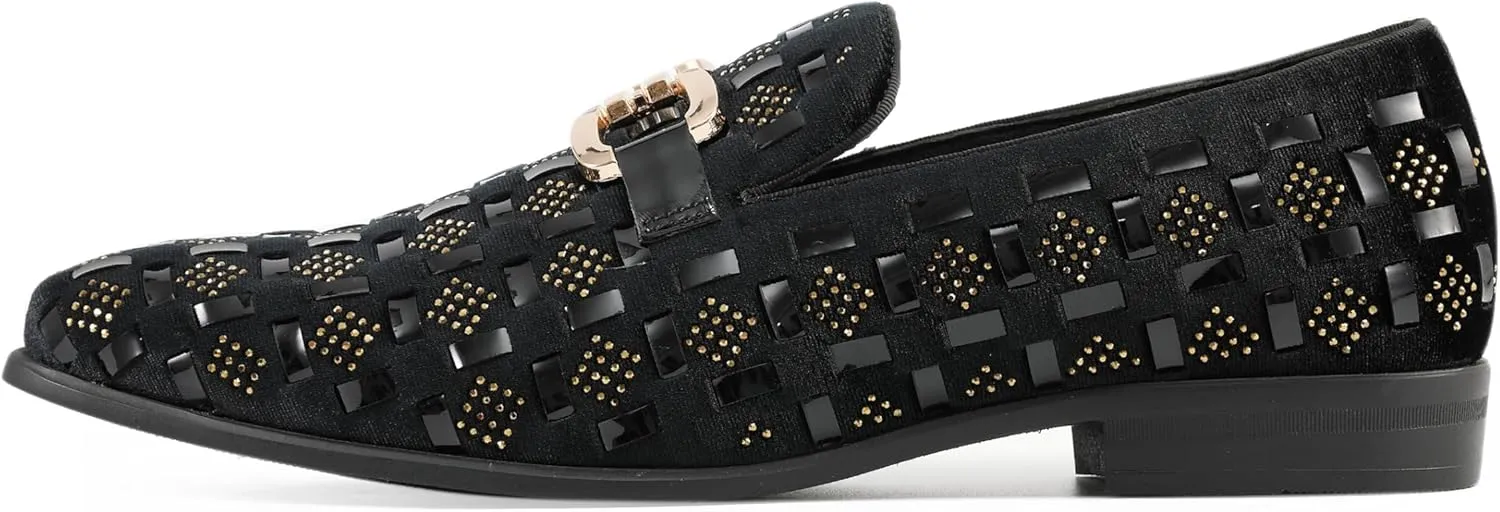 Amali Barnes Mens Dress Shoes Sparkly Glitter Encrusted Tuxedo Slip on Loafers for Men - The Original Smoking Men Dress Shoes Runs Large - GO 1/2 Size Down