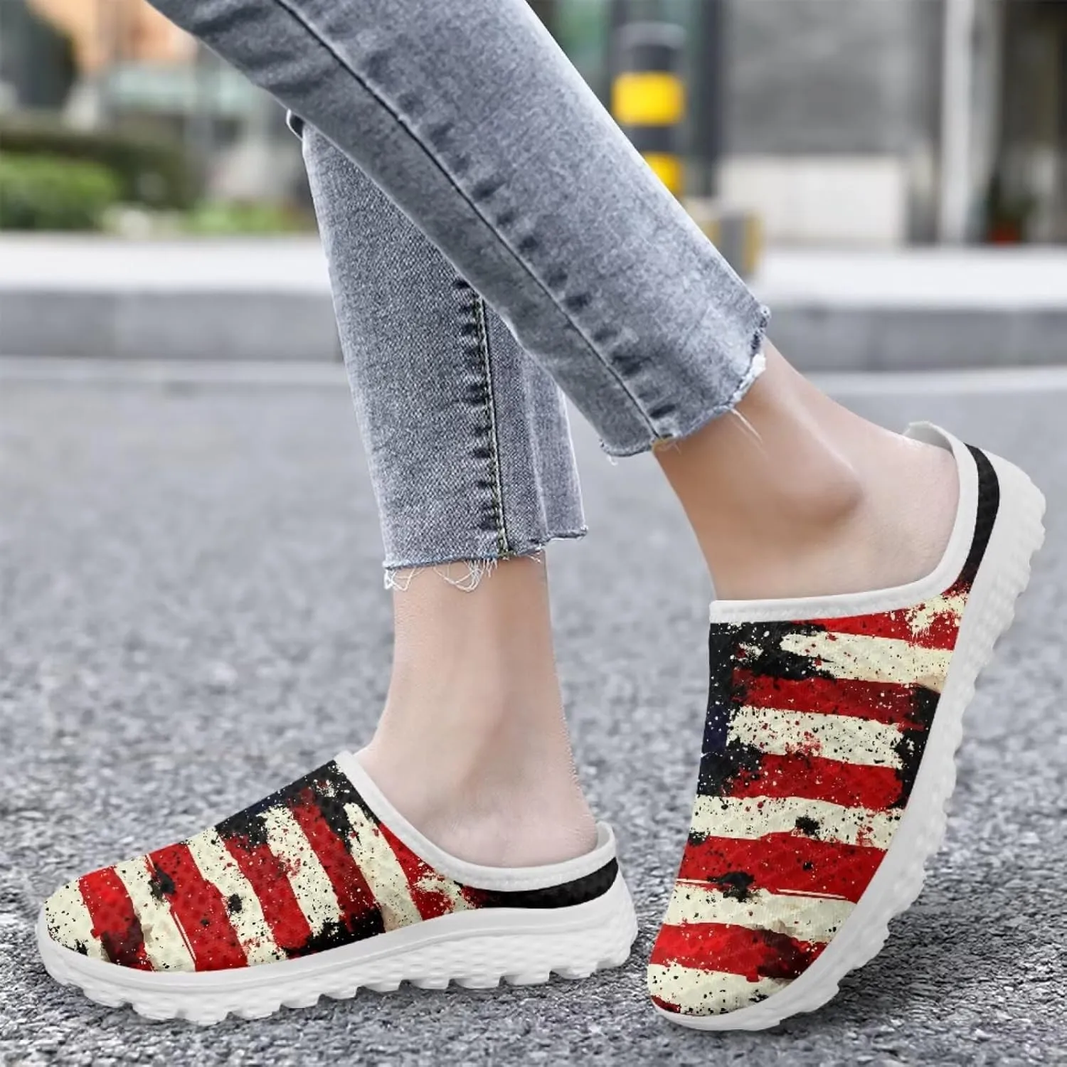 American Flag Print Mule Tennis Shoes for Women Classic Flats Shoes White EVA Sole Casual Sneaker Garden Clogs
