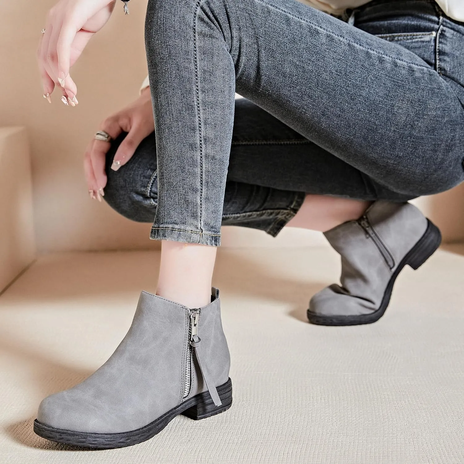Ataiwee Women's Ankle Boots - Classic Side Zip, Cover with Buckle Strap, Round Toe, Comfortable Platform, Low Chunky Heel Comfort Slip On Fashion (Black/Dark Brown/Grey) Boots.
