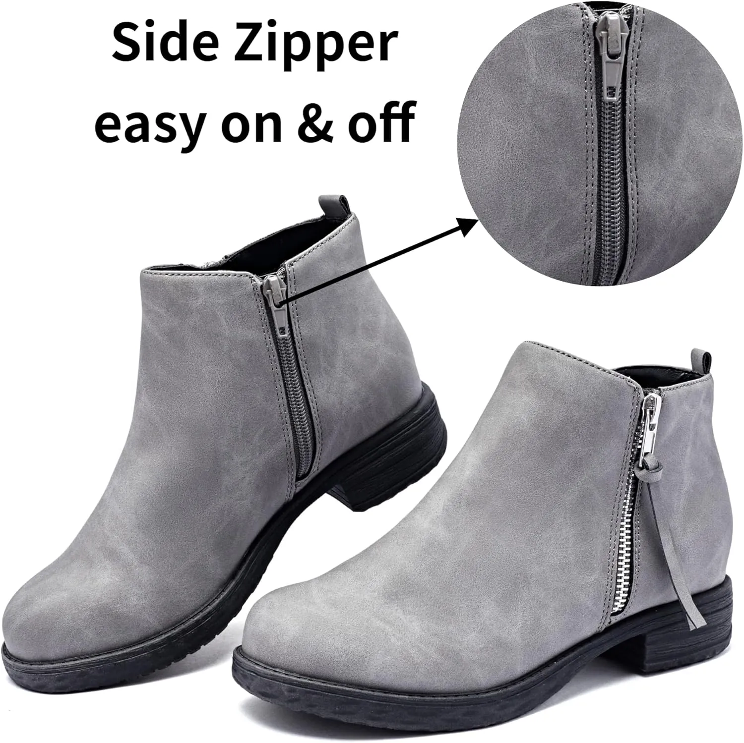 Ataiwee Women's Ankle Boots - Classic Side Zip, Cover with Buckle Strap, Round Toe, Comfortable Platform, Low Chunky Heel Comfort Slip On Fashion (Black/Dark Brown/Grey) Boots.