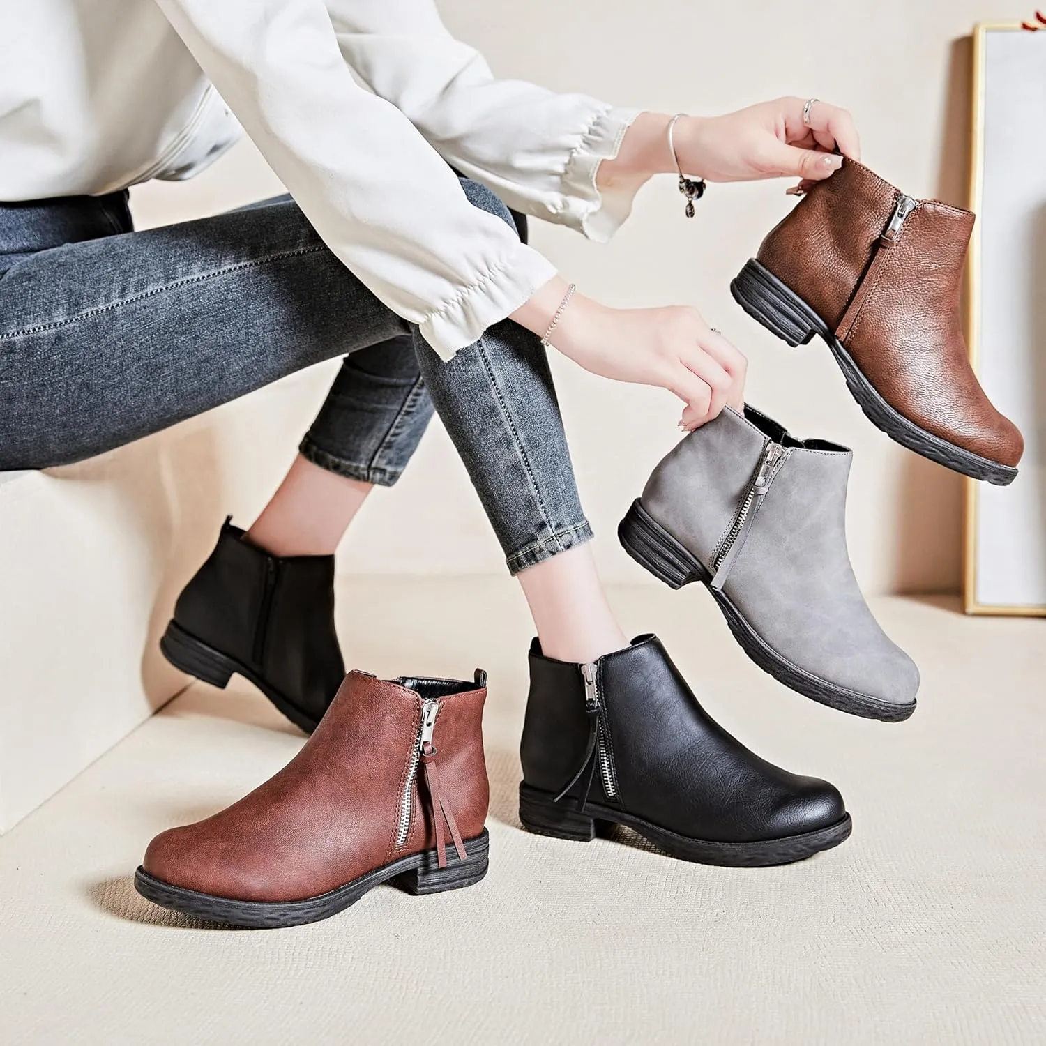 Ataiwee Women's Ankle Boots - Classic Side Zip, Cover with Buckle Strap, Round Toe, Comfortable Platform, Low Chunky Heel Comfort Slip On Fashion (Black/Dark Brown/Grey) Boots.