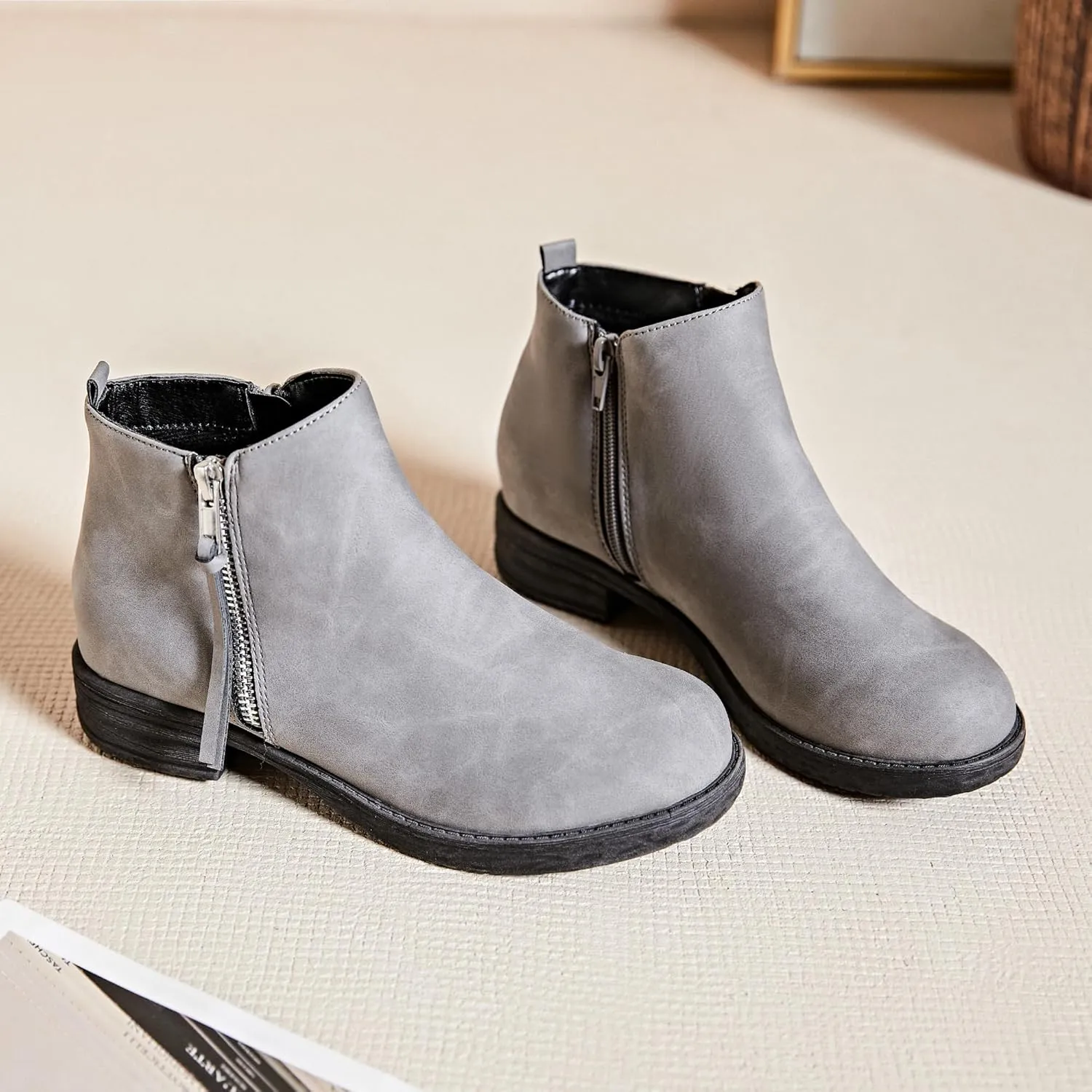 Ataiwee Women's Ankle Boots - Classic Side Zip, Cover with Buckle Strap, Round Toe, Comfortable Platform, Low Chunky Heel Comfort Slip On Fashion (Black/Dark Brown/Grey) Boots.
