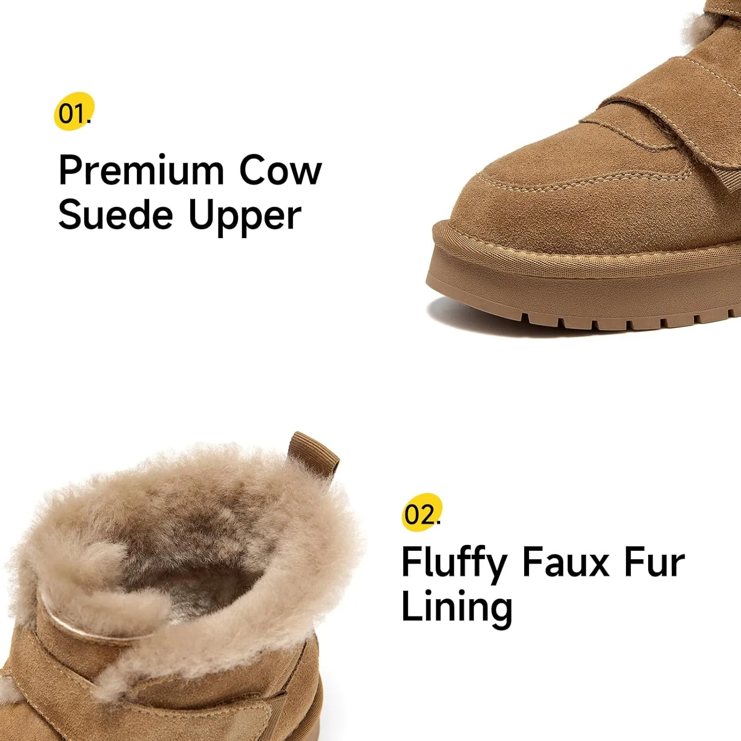BEAU TODAY Women's Snow Boots, Platform Winter Mini Boots for Women, Genuine Suede Warm Faux Fur Lined Slip-0n Ankle Boots Comfortable Anti-slip Outdoor Short Booties