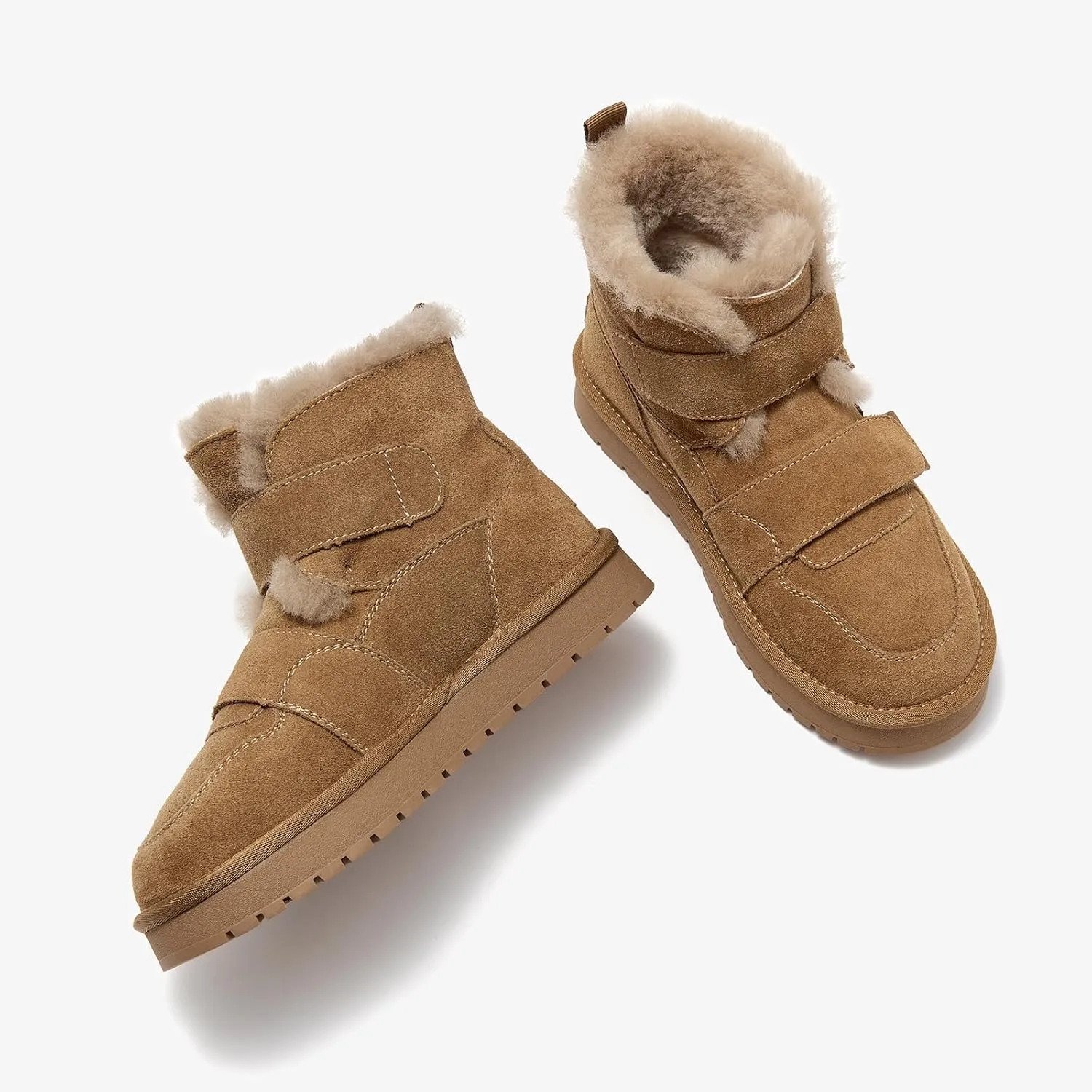 BEAU TODAY Women's Snow Boots, Platform Winter Mini Boots for Women, Genuine Suede Warm Faux Fur Lined Slip-0n Ankle Boots Comfortable Anti-slip Outdoor Short Booties