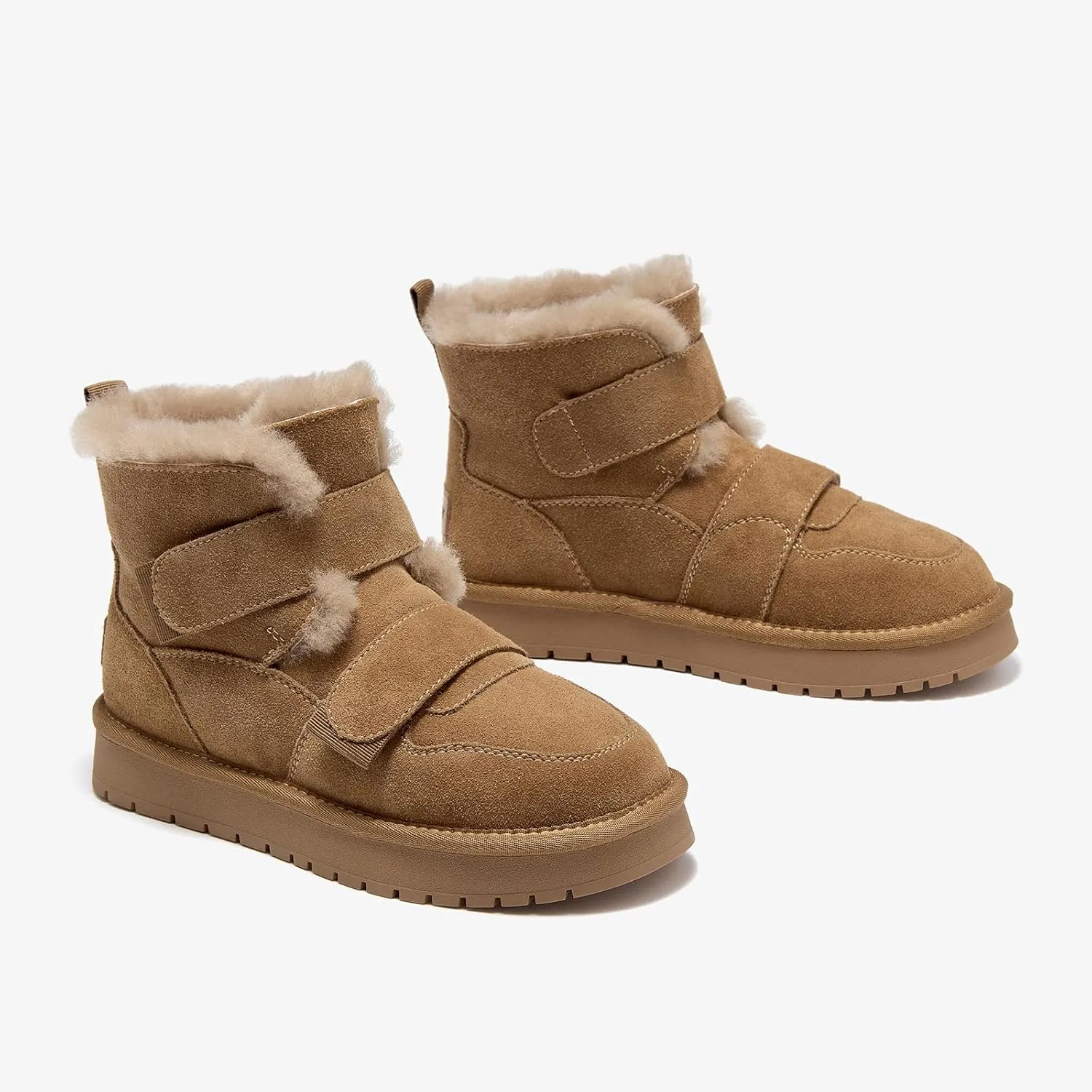 BEAU TODAY Women's Snow Boots, Platform Winter Mini Boots for Women, Genuine Suede Warm Faux Fur Lined Slip-0n Ankle Boots Comfortable Anti-slip Outdoor Short Booties