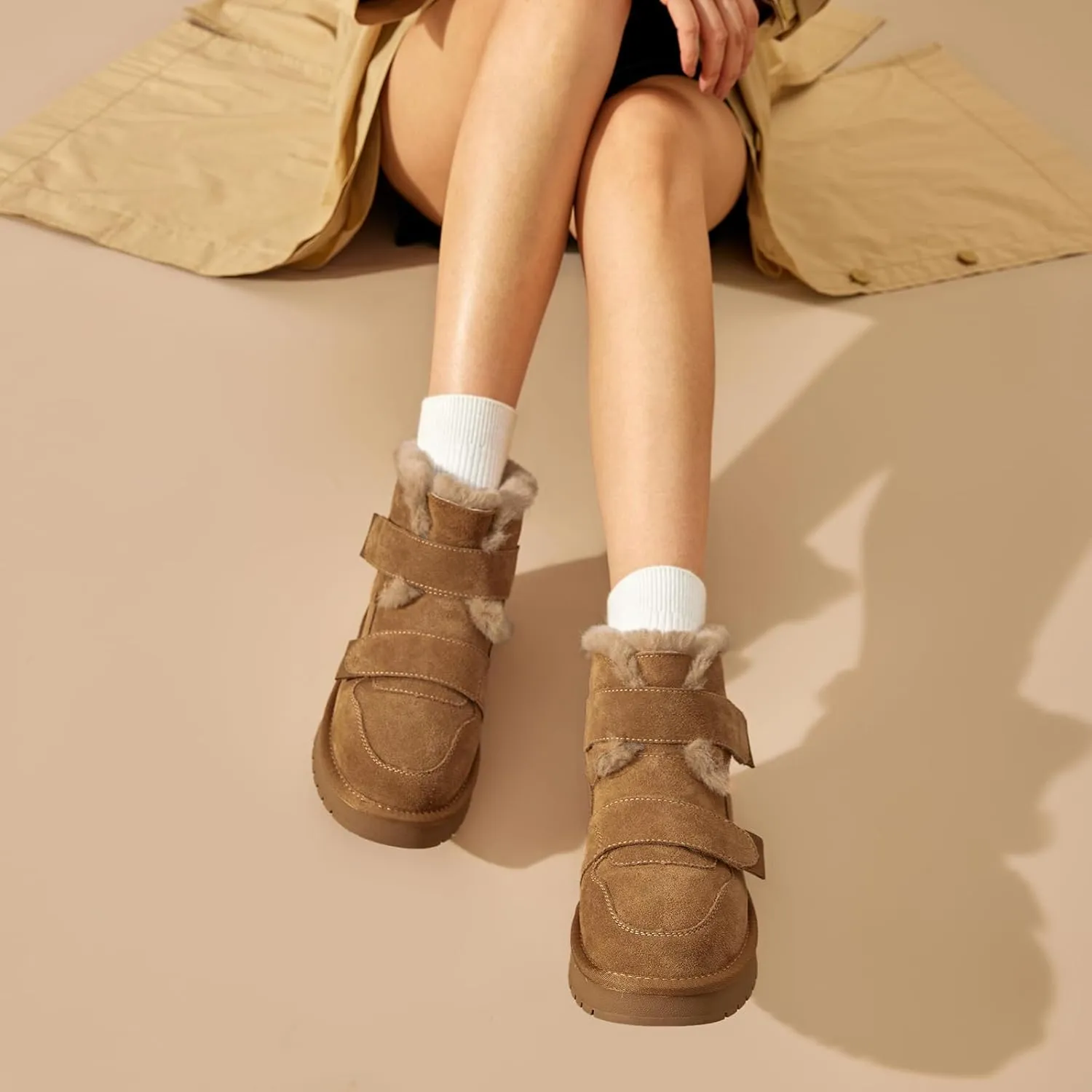 BEAU TODAY Women's Snow Boots, Platform Winter Mini Boots for Women, Genuine Suede Warm Faux Fur Lined Slip-0n Ankle Boots Comfortable Anti-slip Outdoor Short Booties