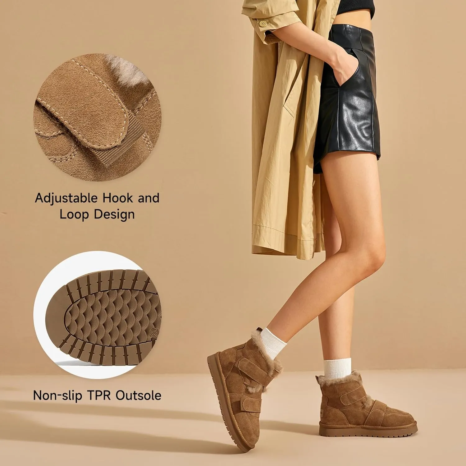 BEAU TODAY Women's Snow Boots, Platform Winter Mini Boots for Women, Genuine Suede Warm Faux Fur Lined Slip-0n Ankle Boots Comfortable Anti-slip Outdoor Short Booties