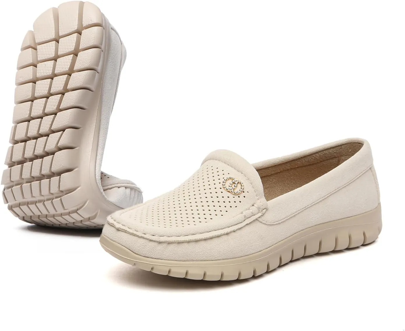 Bernal Loafers for Women Casual Moccasins Work Shoes Soft Comfortable Drive Shoes Lightweight Breathable Slip on Penny Flat Walking Shoes with Buckle (Beige 6.5)