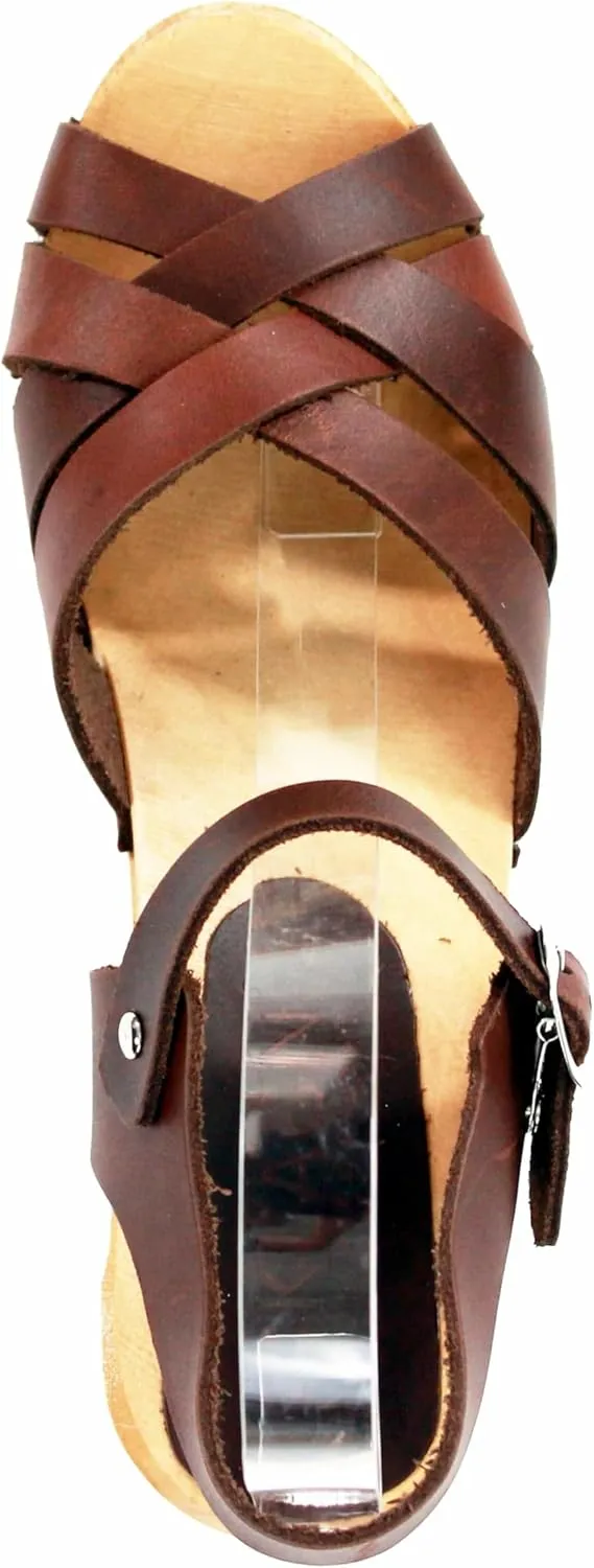 Bjork Women's Mid-Heel Wooden Leather Clog Sandals