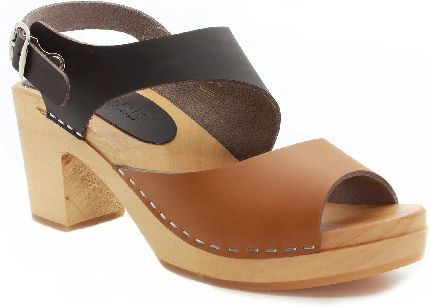 Bjork Women's Mid-Heel Wooden Leather Clog Sandals