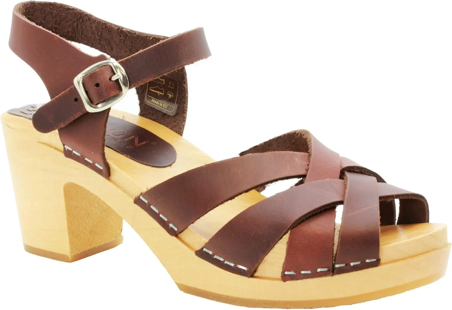 Bjork Women's Mid-Heel Wooden Leather Clog Sandals