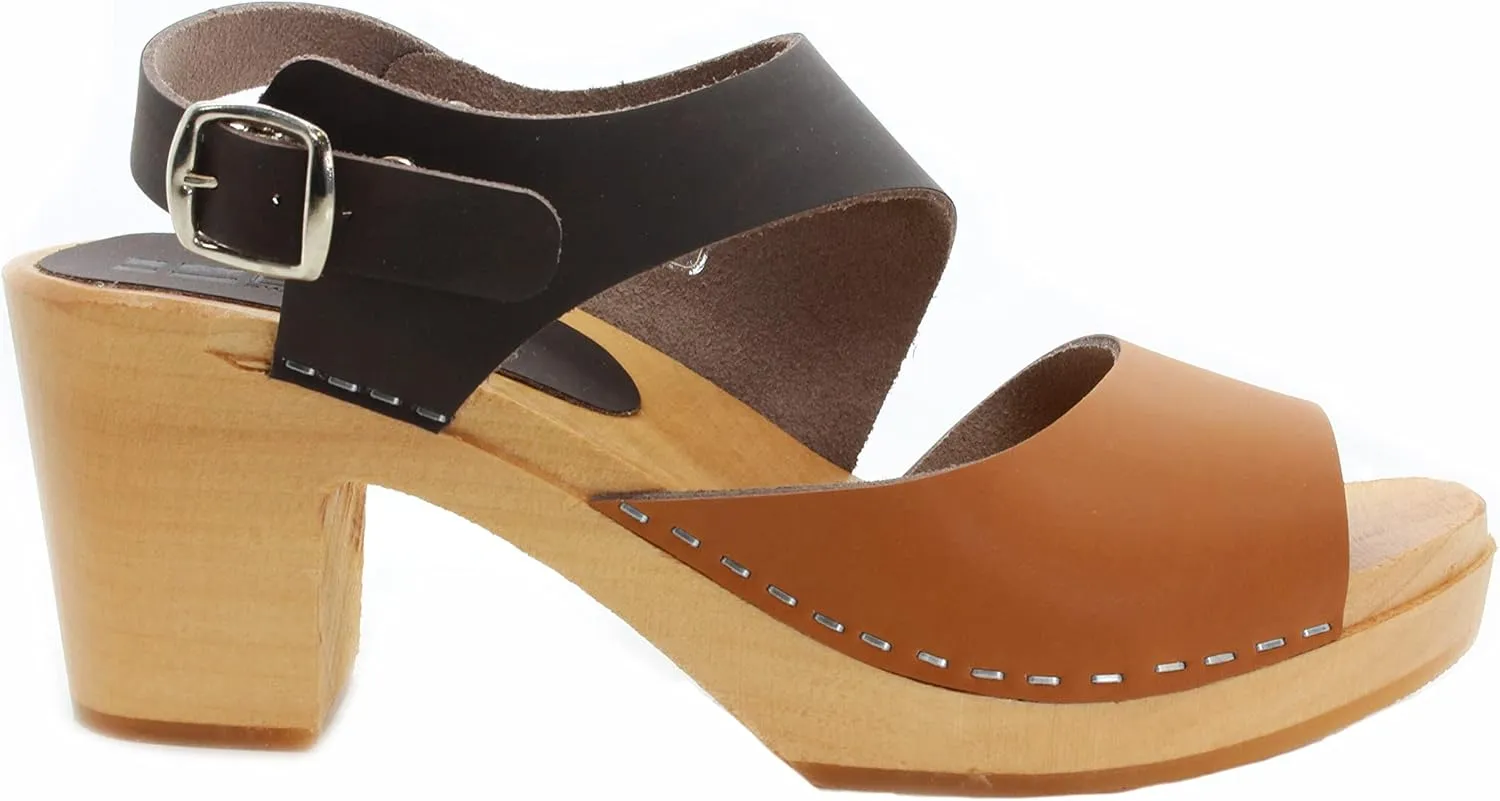 Bjork Women's Mid-Heel Wooden Leather Clog Sandals