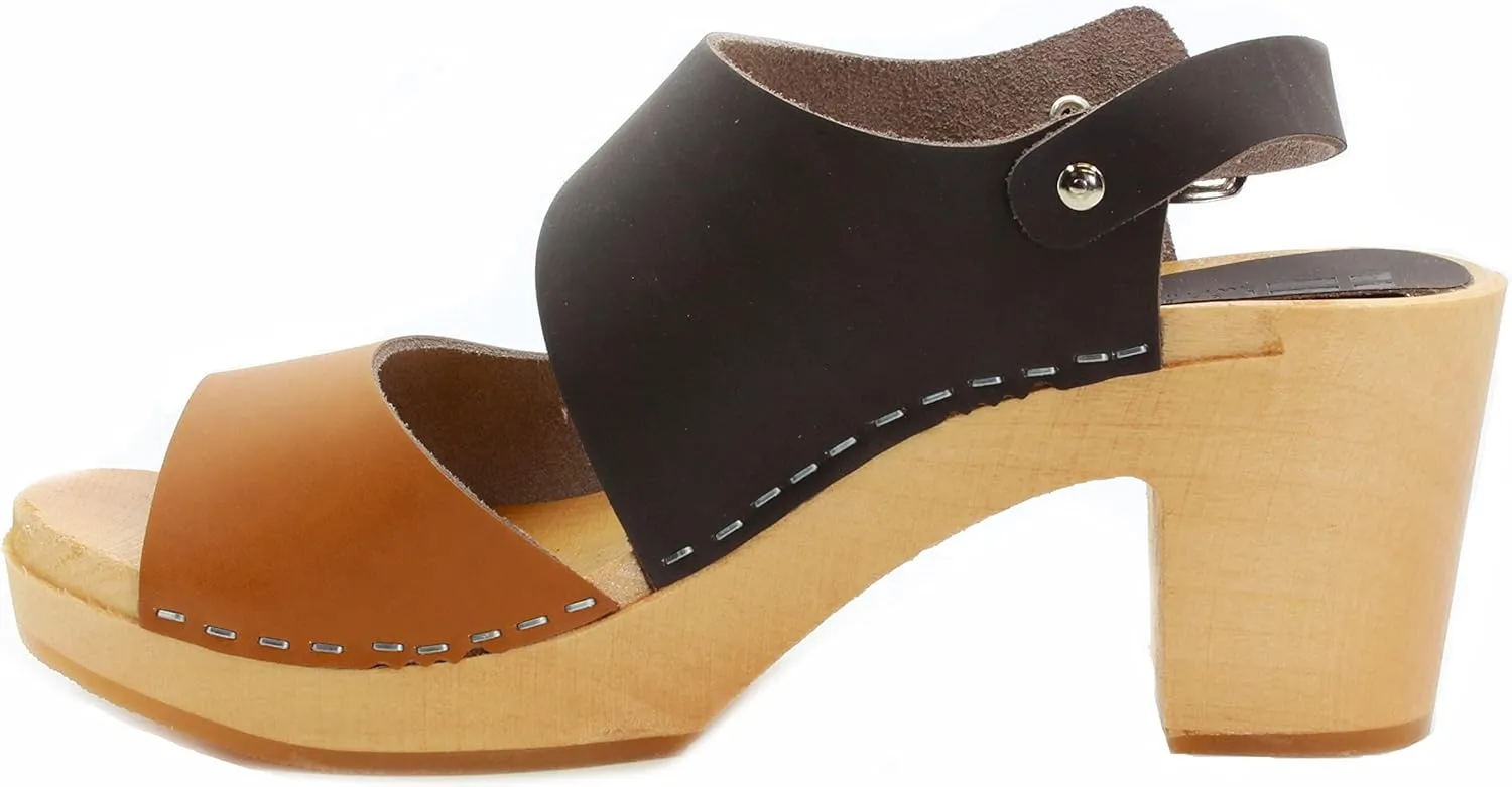 Bjork Women's Mid-Heel Wooden Leather Clog Sandals