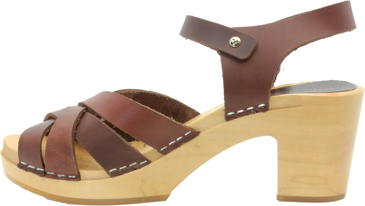 Bjork Women's Mid-Heel Wooden Leather Clog Sandals