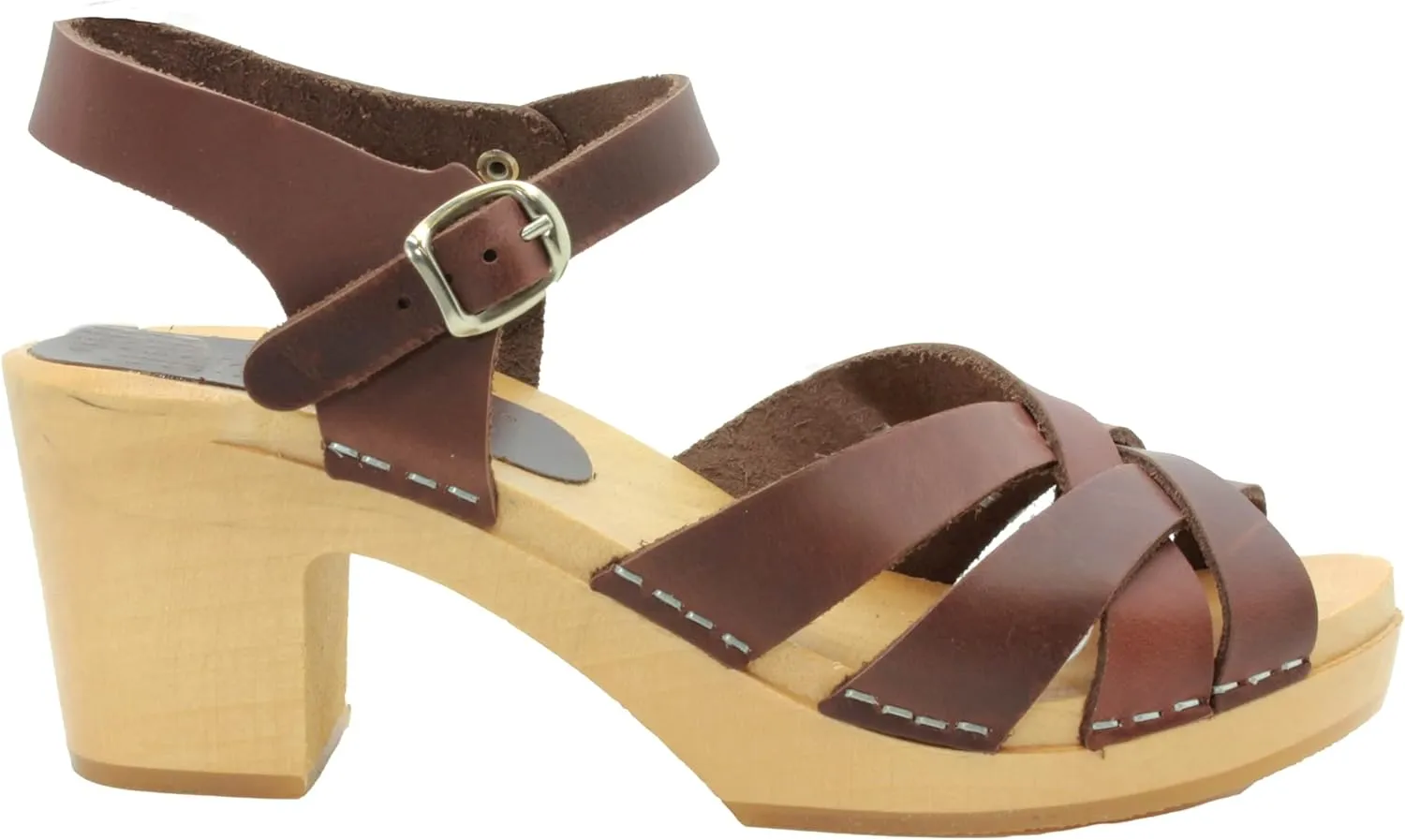 Bjork Women's Mid-Heel Wooden Leather Clog Sandals