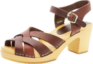 Bjork Women's Mid-Heel Wooden Leather Clog Sandals