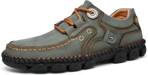 Boxpopla Handmade Leather Lace-Up Casual Shoes for Mens Breathable Loafers Sneakers Walking Shoes Slip On Comfortable Driving Office Dress Flat Shoes