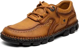 Boxpopla Handmade Leather Lace-Up Casual Shoes for Mens Breathable Loafers Sneakers Walking Shoes Slip On Comfortable Driving Office Dress Flat Shoes