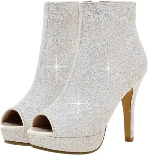 Caradise Womens Sparkly Glitter Peep Toe Stiletto Booties High Heel Platform Party Prom Ankle Boots