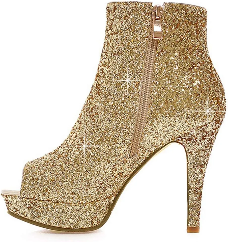 Caradise Womens Sparkly Glitter Peep Toe Stiletto Booties High Heel Platform Party Prom Ankle Boots