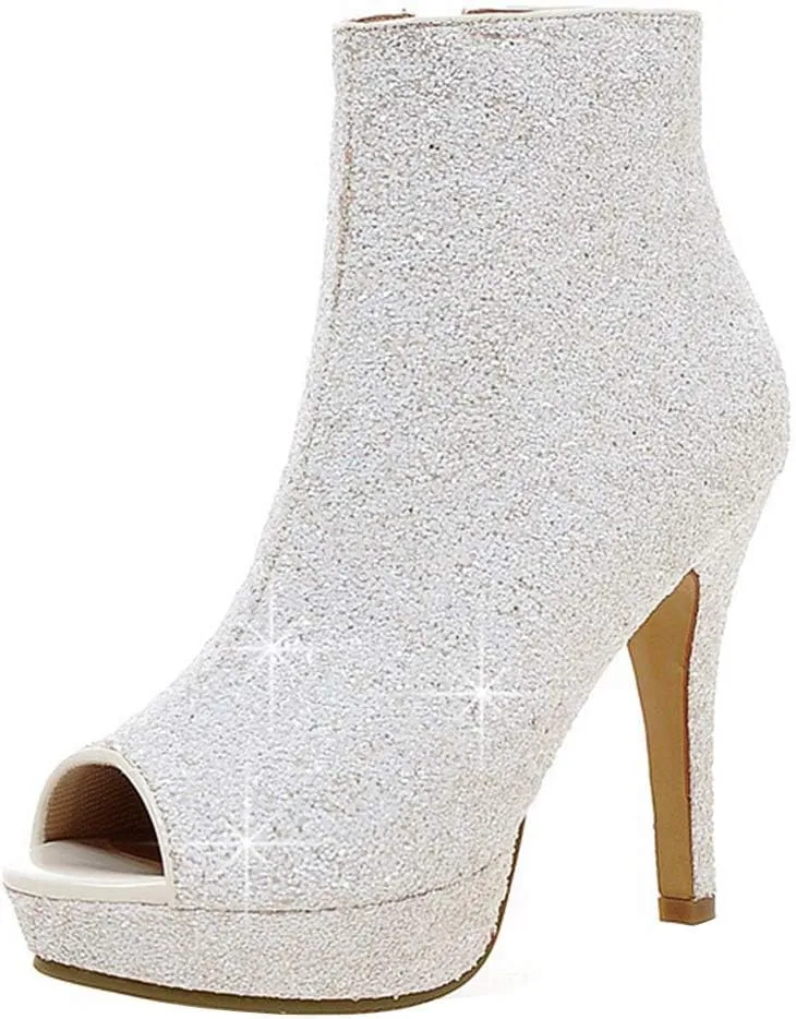 Caradise Womens Sparkly Glitter Peep Toe Stiletto Booties High Heel Platform Party Prom Ankle Boots