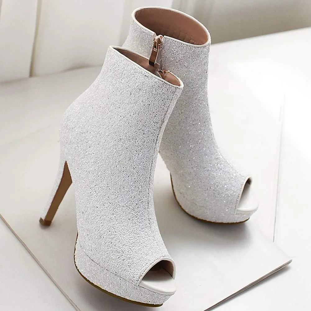 Caradise Womens Sparkly Glitter Peep Toe Stiletto Booties High Heel Platform Party Prom Ankle Boots
