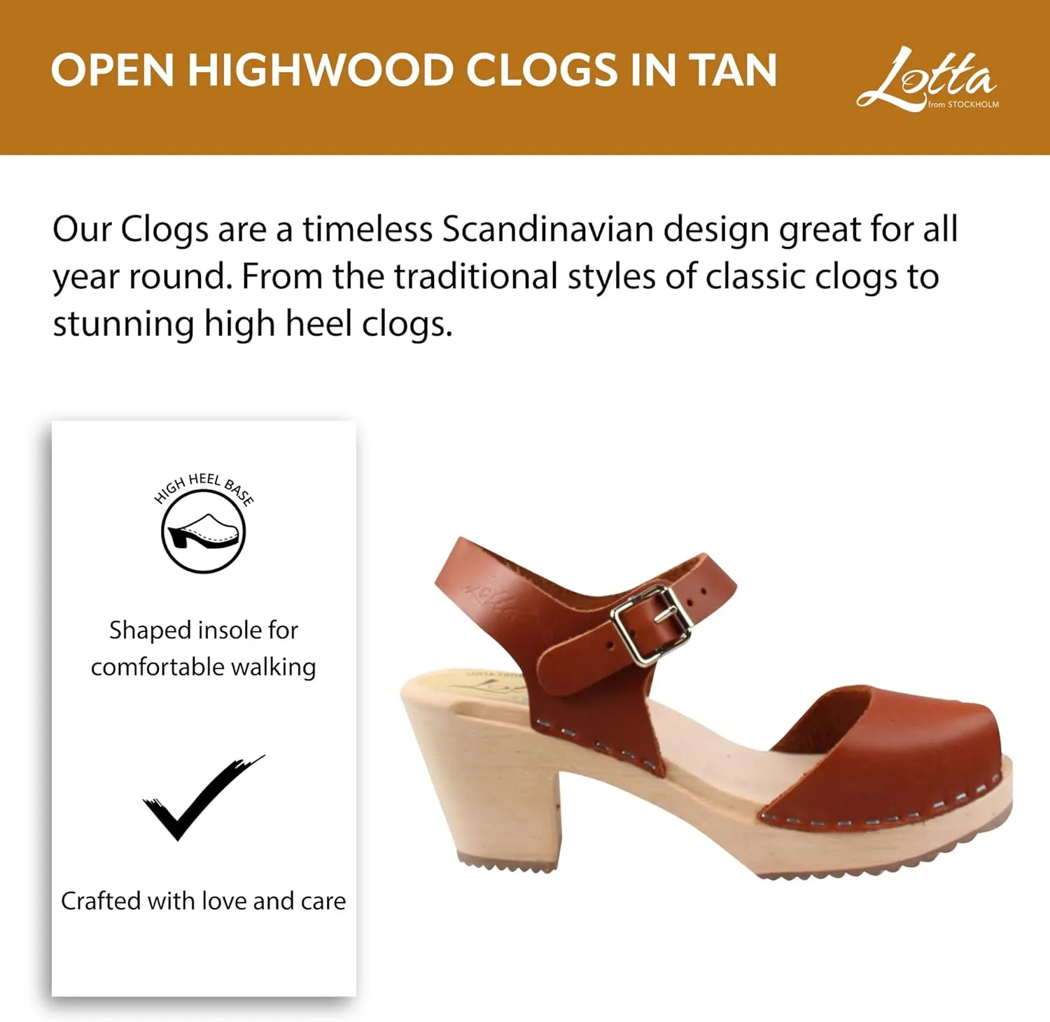 Classic Swedish Cloges - Tan Highwood Leather Clogs for Women | Open Toe | Wooden Base | Comfortable & Supportive Shoes | Handcrafted in Sweden | Tan