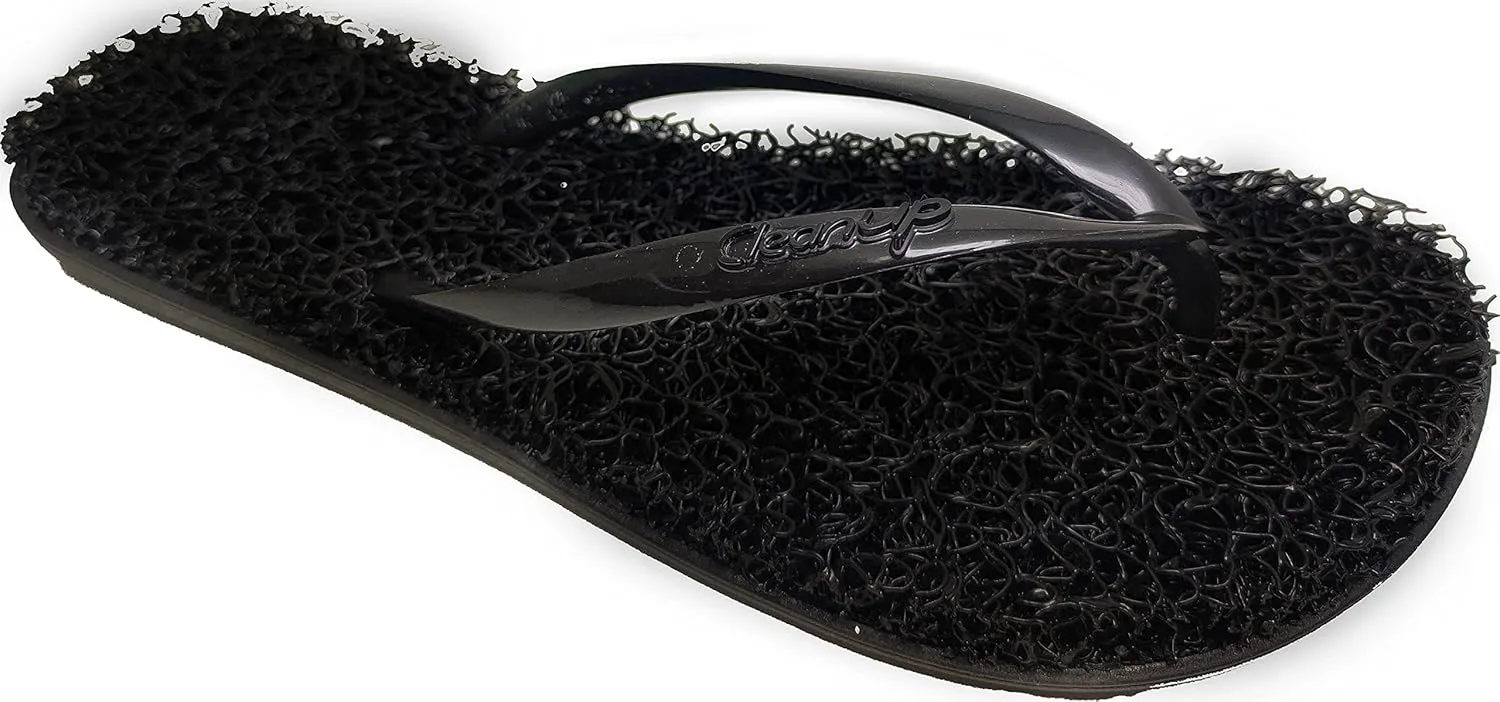 CLEANUP Flip Flops | Flat Essence Black | Exfoliating, Massaging and Relaxing | Comfortable & Lightweight Thong Sandals | 100% Vegan Recyclable Fibers |