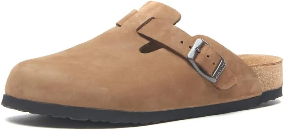 COMFORTFUSSE Capri 100% Genuine Leather Clog   Sustainable Pure Latex Cork Footbed Arch Support Casual Fashion Mules Sandals Potato Shoes with Adjustable Buckle for Men and Women