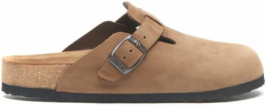 COMFORTFUSSE Capri 100% Genuine Leather Clog   Sustainable Pure Latex Cork Footbed Arch Support Casual Fashion Mules Sandals Potato Shoes with Adjustable Buckle for Men and Women