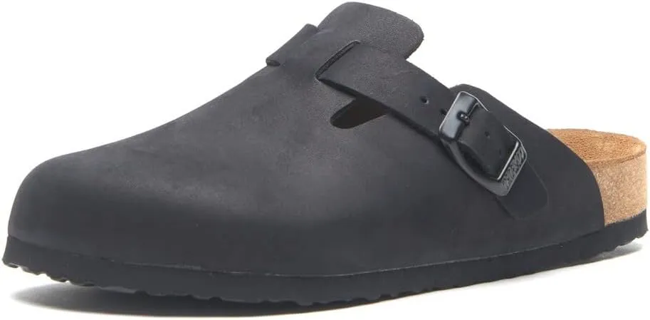 COMFORTFUSSE Capri 100% Genuine Leather Clog   Sustainable Pure Latex Cork Footbed Arch Support Casual Fashion Mules Sandals Potato Shoes with Adjustable Buckle for Men and Women
