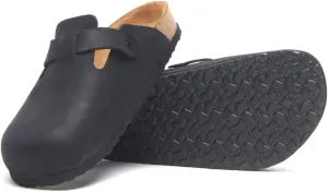 COMFORTFUSSE Capri 100% Genuine Leather Clog   Sustainable Pure Latex Cork Footbed Arch Support Casual Fashion Mules Sandals Potato Shoes with Adjustable Buckle for Men and Women