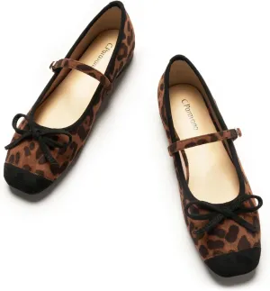 C.Paravano Mary Jane Shoes Bowknot Ballet Flats Womens Square Toe Flats with Strap Office Shoes Women Dressy,Office, Work, Wedding, Travel, Shopping(Leopard-b,Size6)