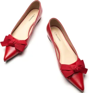 C.Paravano Pointy Bow Flats Women's Flats Ballet Shoes for Women（Red,Size 8