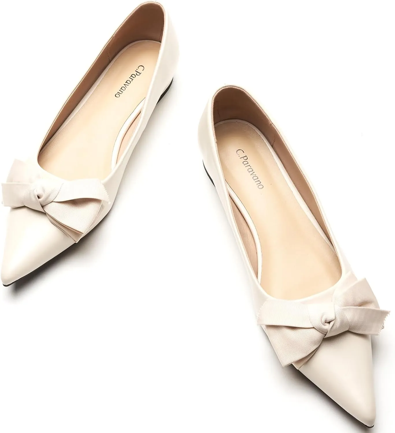 C.Paravano Pointy Bow Flats Women's Flats Ballet Shoes for Women（White,Size 9.5