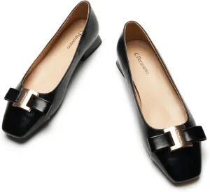 C.Paravano Women's Ballet Flats Bowknot Square Toe Low Block Heel Soft Leather Shoes for Office, Casual and Dressy Occasions,Two-Tone Flats for Women(Black,8)