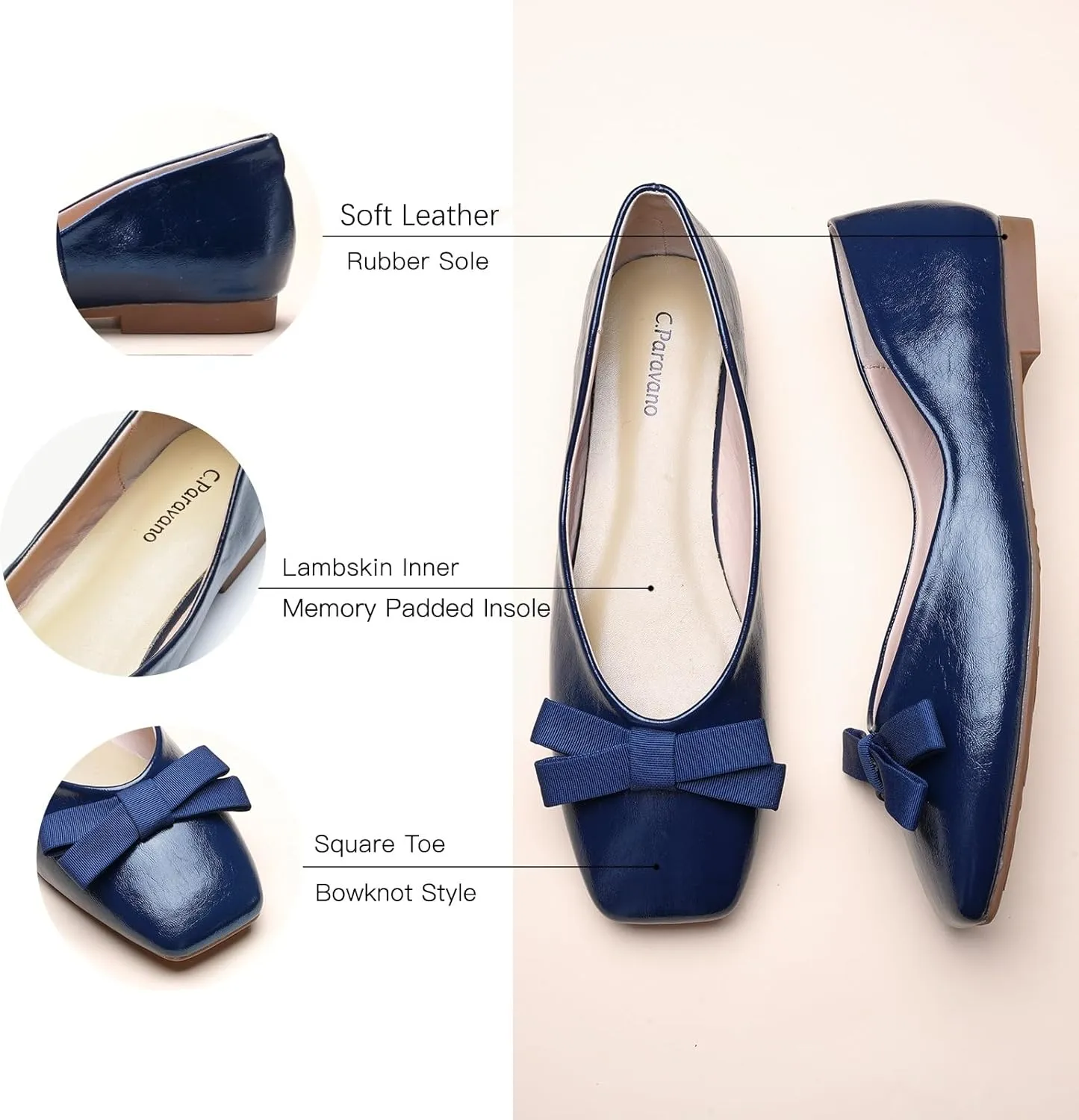 C.Paravano Women's Flats with Bowknot | Comfortable Square Toe Ballet Flats | Casual Slip On Flat Shoes | Women Dress Shoes for Walking Wedding Work Office