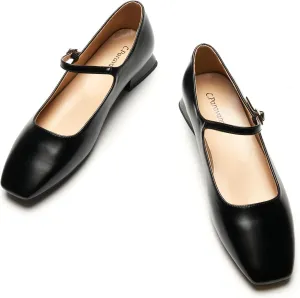 C.Paravano Women's Mary Jane Shoes Square Toe Flats for Women Ballet Flats with Strap Dressy Casual Work Office Party, Low Block Heels Mary Jane Pumps(Black,7.5)