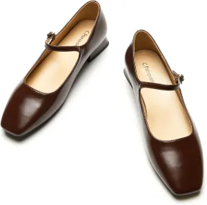 C.Paravano Women's Mary Jane Shoes Square Toe Flats for Women Ballet Flats with Strap Dressy Casual Work Office Party, Low Block Heels Mary Jane Pumps(Brown,6.5)
