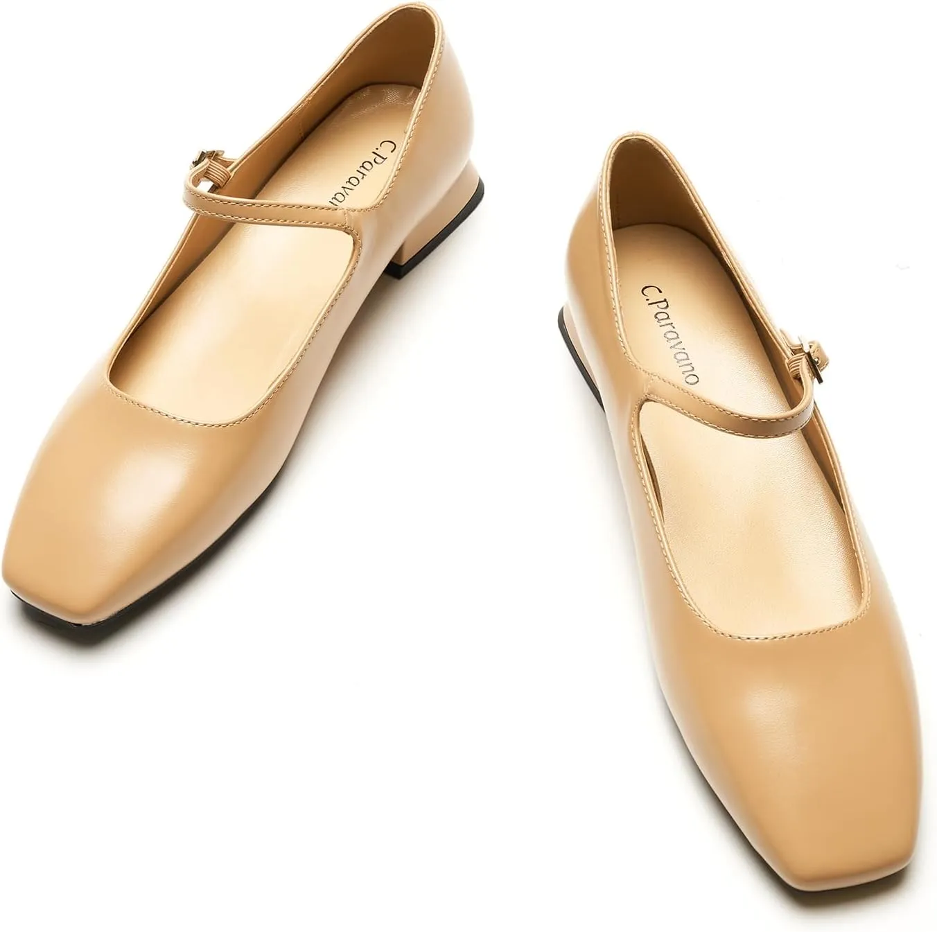 C.Paravano Women's Mary Jane Shoes Square Toe Flats for Women Ballet Flats with Strap Dressy Casual Work Office Party, Low Block Heels Mary Jane Pumps(Dark Beige,6.5)