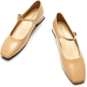 C.Paravano Women's Mary Jane Shoes Square Toe Flats for Women Ballet Flats with Strap Dressy Casual Work Office Party, Low Block Heels Mary Jane Pumps(Dark Beige,6.5)